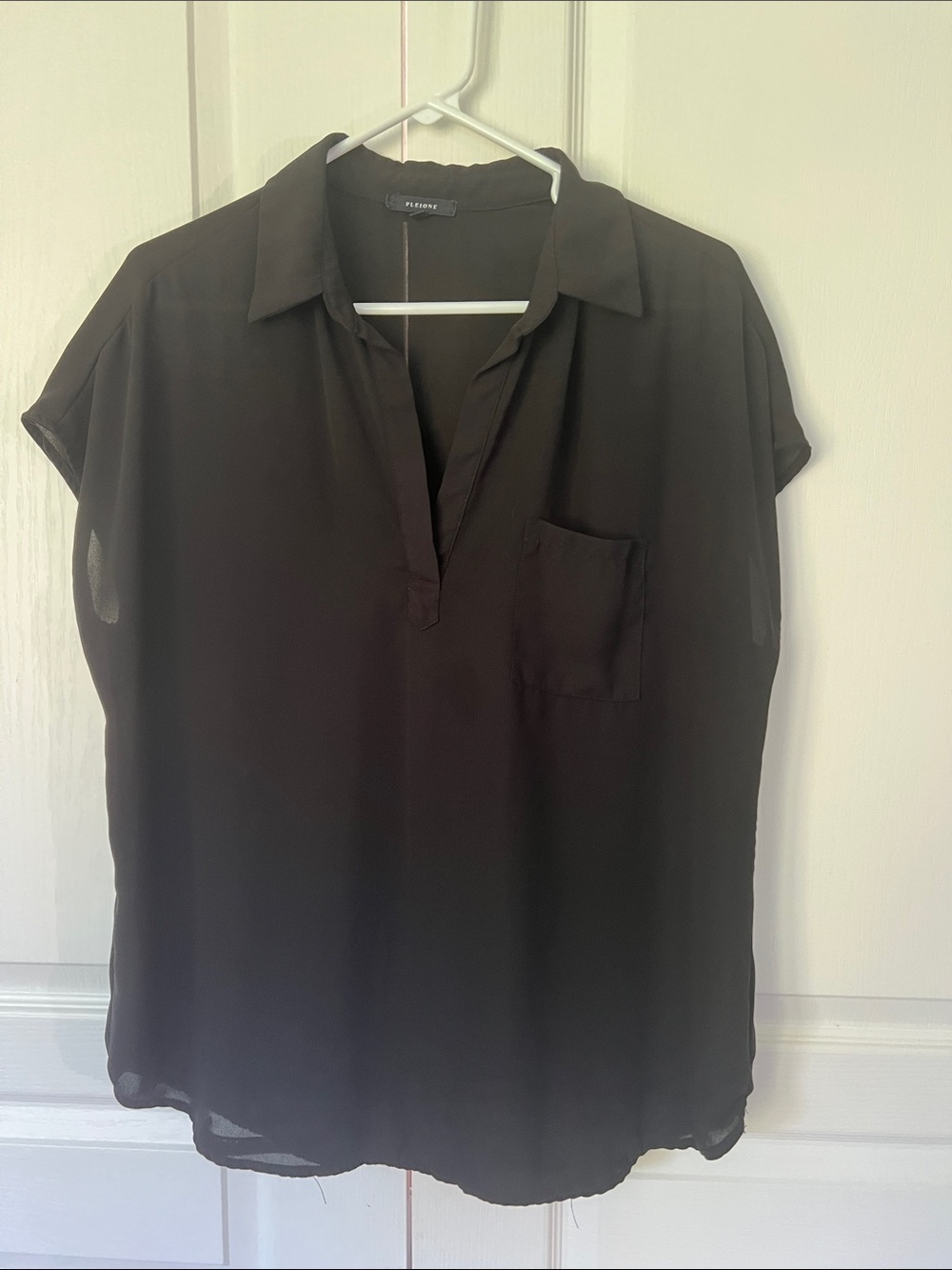 Pleione Black Short-Sleeve V-Neck Blouse with Pocket